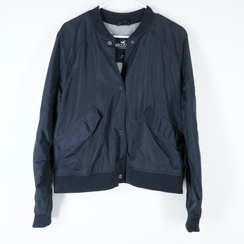 HOLLISTER Womens Size XL Satin Bomber Jacket Zip Front Ribbed Cuffs